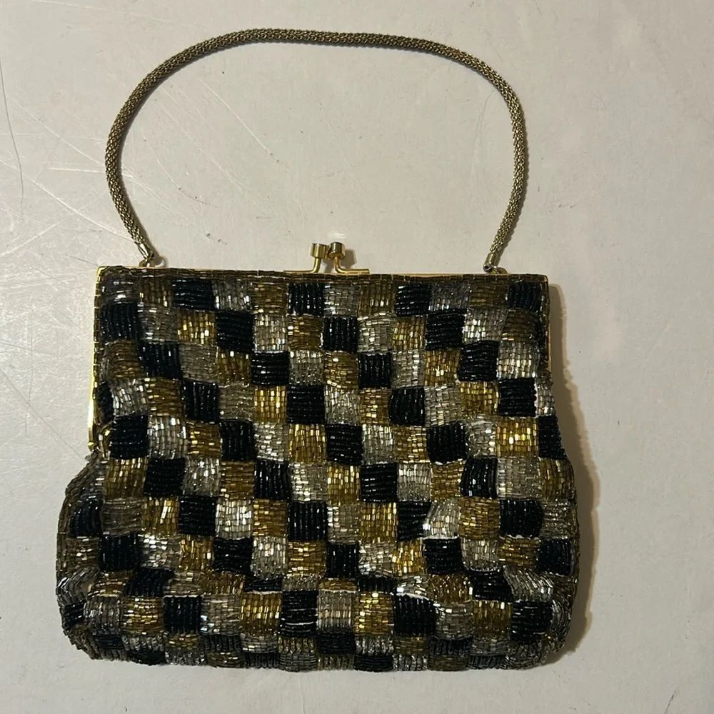 Vintage gold, silver & black Magid beaded purse